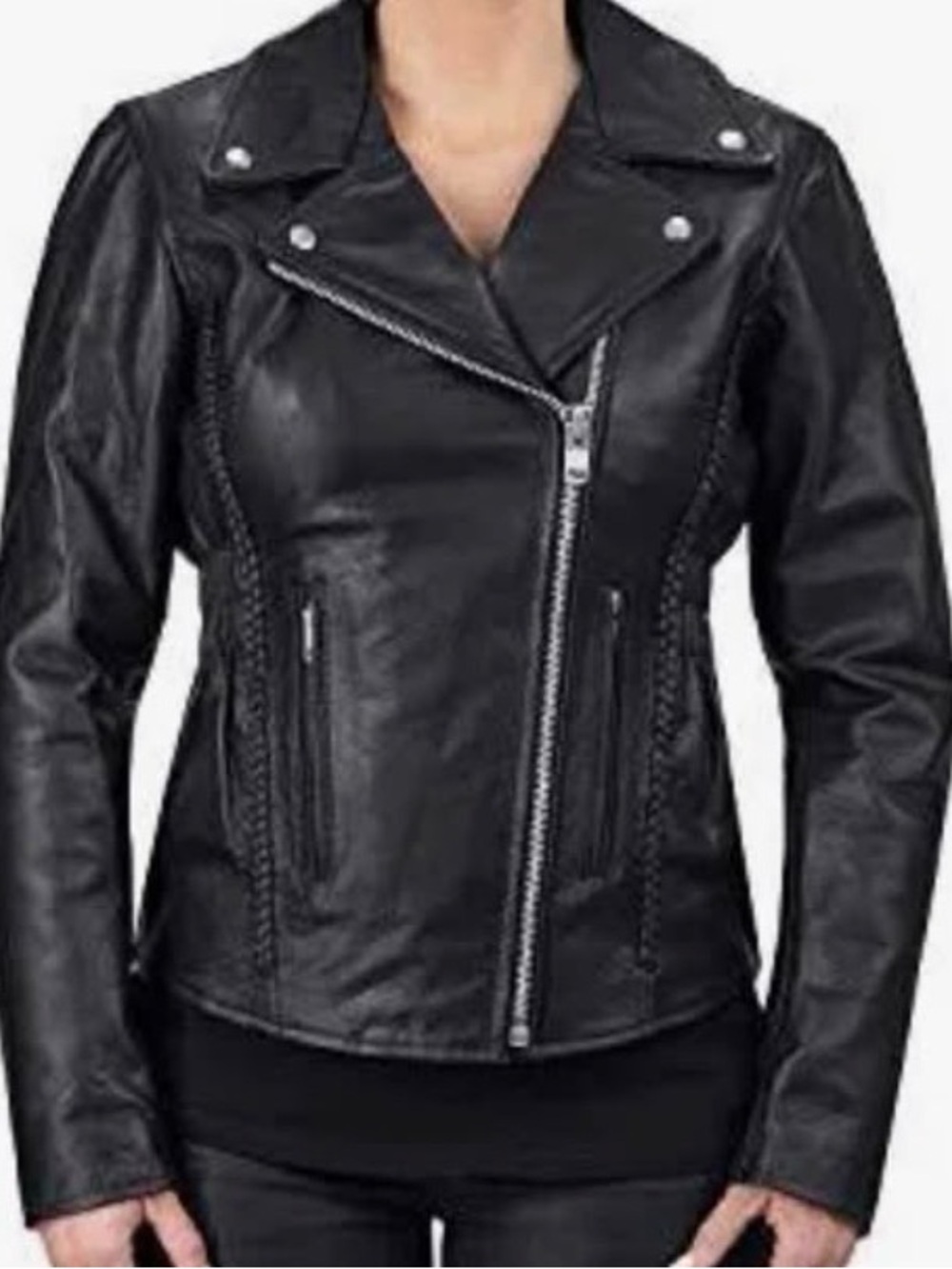Classic Black Leather Biker Jacket with Braided Trim